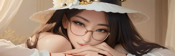 An Asian beauty with golden hair and bright blue eyes stands out with her porcelain skin. She wears elegant gold-rimmed glasses that catch the light, reflecting her intelligent and sophisticated aura. Her lips curl into a warm, inviting smile as she gazes ...