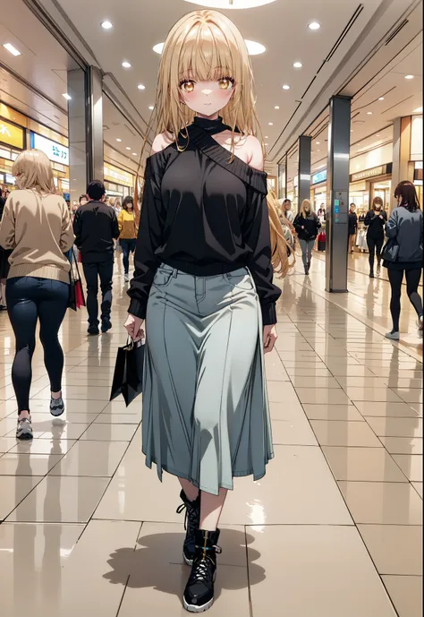 mahirushiina, mahiru shiina, Long Hair, bangs, Blonde, Brown Hair, (Yellow Eyes:1.3), smile,One-shoulder sweater,Long skirt,Black pantyhose,short boots,Walking,whole bodyがイラストに入るように,
break indoors, Shopping mall,
break looking at viewer, whole body,
break ...