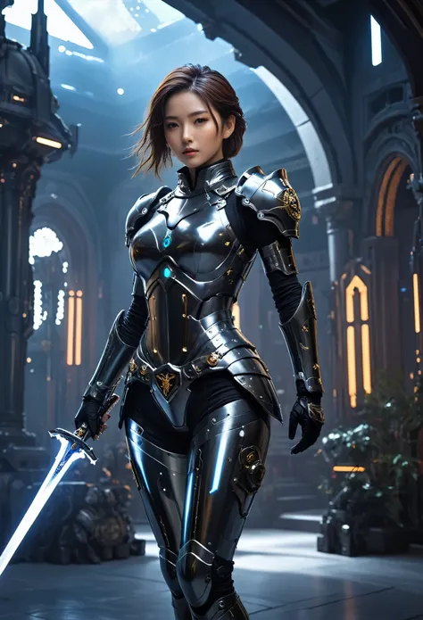 a woman in futuristic clothing holding a futuristic sword, trending on cgstation, trending on cgstation, (portrait of a girl in ...