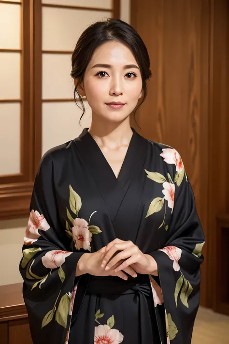 (In 8K, Highest quality, masterpiece:1.2), (Realistic, Photorealistic:1.37), Ultra-detailed, Natural light, , 1 person, 45-year-old woman, Black Hair, pendant, kimono、Tea Ceremony、Tea Room、Less exposure, Highly detailed face and skin, Detailed eyes, Highly...