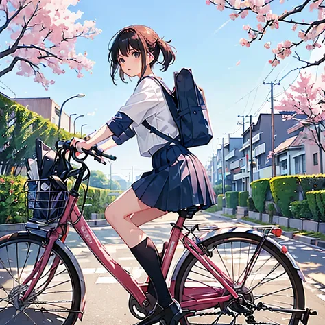 (masterpiece, highest quality:1.2), reality、4k anime art、high school girl riding a bicycle, alone、whole body、short hair、white sa...