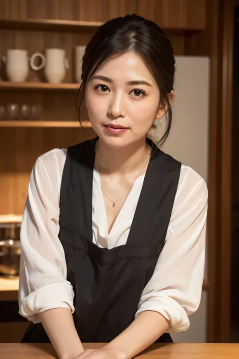 (In 8K, Highest quality, masterpiece:1.2), (Realistic, Photorealistic:1.37), Ultra-detailed, Natural light, , 1 person, 45-year-old woman, Black Hair, pendant, apron、Izakaya、Less exposure, Highly detailed face and skin, Detailed eyes, Highly detailed face ...