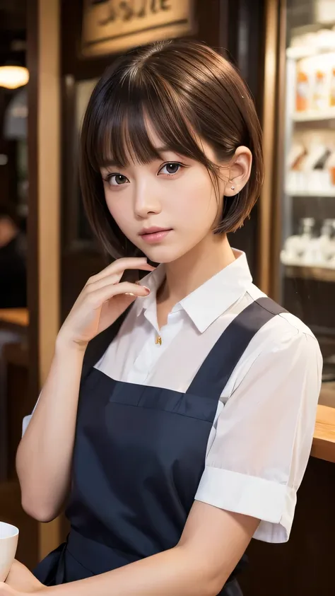 (Ultra-realistic), (figure), (High resolution), (8k), (Very detailed), (Best figure), (Beautiful and detailed), (Highest quality), (Super detailed), (masterpiece), (wallpaper), (Detailed face), alone, One Girl, watching viewer, Cafe staff、apron，Cafe latte、...