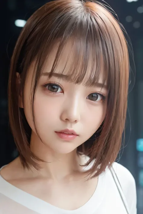 (8k、Highest quality、masterpiece、female、solo、Face shot close up、、Ahoge、cute、、slender)、(Realistic Light and Shadow)、White on a tieYshirt、((Cyberpunk Background))