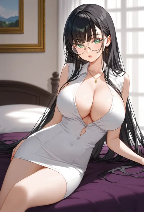 girl with long black hair, green eyes, soft lips, incredibly beautiful, innocent, round white frame glasses, super big breasts, giant breasts, beautiful body, tall, slim, thin white shirt covers half of her chest, pink mini dress, no underwear, bedroom.