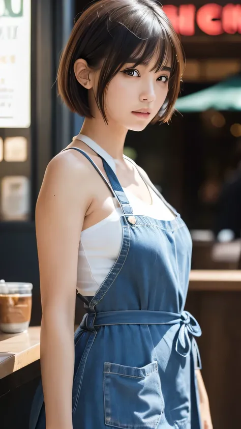 (Ultra-realistic), (figure), (High resolution), (8k), (Very detailed), (Best figure), (Beautiful and detailed), (Highest quality), (Super detailed), (masterpiece), (wallpaper), (Detailed face), alone, One Girl, watching viewer, Cafe staff、Starbucks、apron，C...