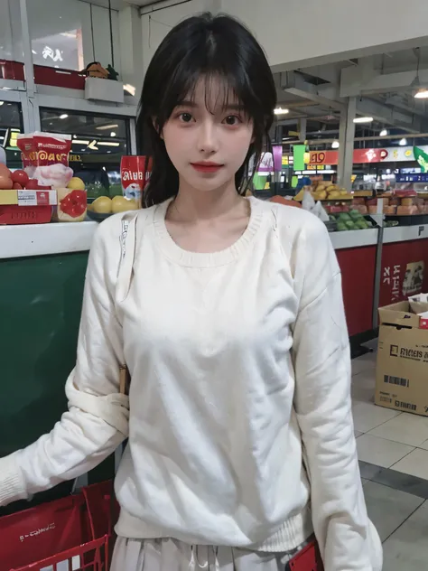 best quality，masterpiece，16K，Ultra-high resolution，（lifelike:1.4)，1 girl，Sexy，（White sweater：1.4），（supermarket:1.2），（Upper body：1.4），