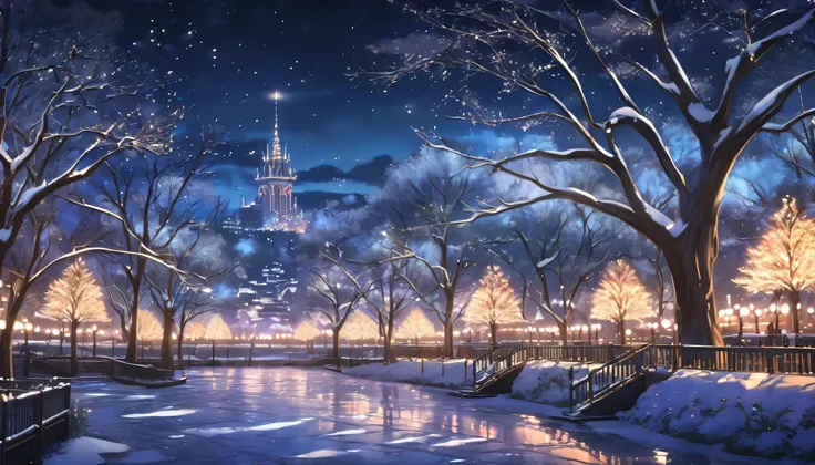 a detailed anime winter night city landscape, a park with bare trees decorated with illuminations, highly detailed, masterpiece, photorealistic, 8k, cinematic lighting, moody colors, dramatic lighting, intricate details, beautiful scenery, atmospheric, ser...