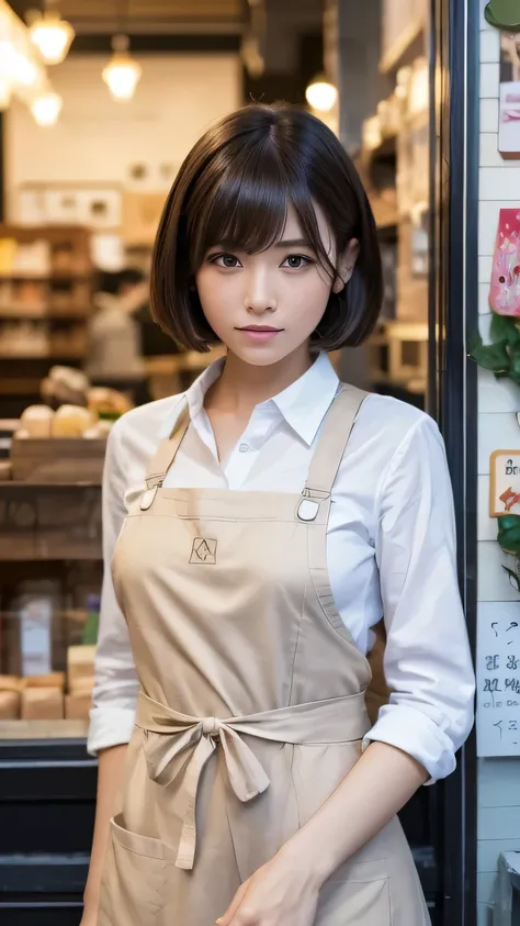 (Ultra-realistic), (figure), (High resolution), (8k), (Very detailed), (Best figure), (Beautiful and detailed), (Highest quality), (Super detailed), (masterpiece), (wallpaper), (Detailed face), alone, One Girl, watching viewer, Florist clerk、apron，、Less ex...