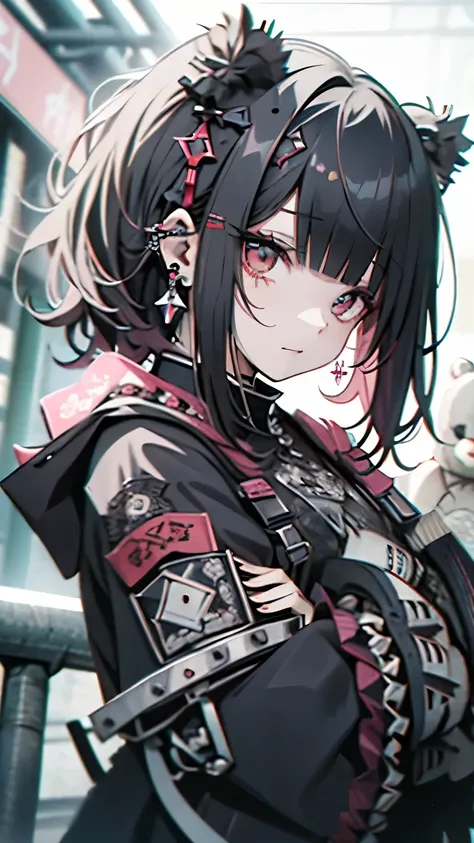 teddy bears、teddy bears、🧸、Black hair、side poneyTail、Kungfu、kick、Kungfu、blood splashing、dead body、morning、Gothic punk、earrings、hair adornments、A darK-haired、Pink and black color、poneyTail、Black Pink Shirt、、Black shorts、Blunt bangs、Photorealsitic, hight reso...