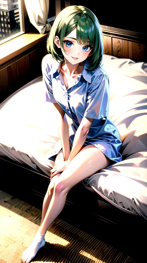 （（super high quality,Ultra-high resolution,4K,8k,super masterpiece,Ultra HD ,Detailed shading））,Full body photo,A room where the morning sun shines,Sit on the bed,1 high school girl,BOYFRIEND shirts,Roll up your sleeves below your elbows,Straight emerald b...