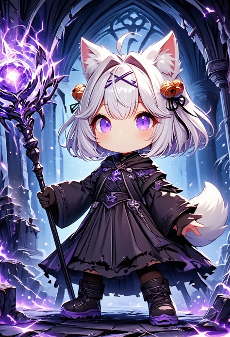 master piece, best quality, ultra-detailed, illustration, midnight, battlefield, gloomy atmosphere, broken castle, broken walls, ruins, purple flames, purple lightning, 1girl, solo, chibi, (big head), cute pose, front view, looking at viewer, ((full body ...
