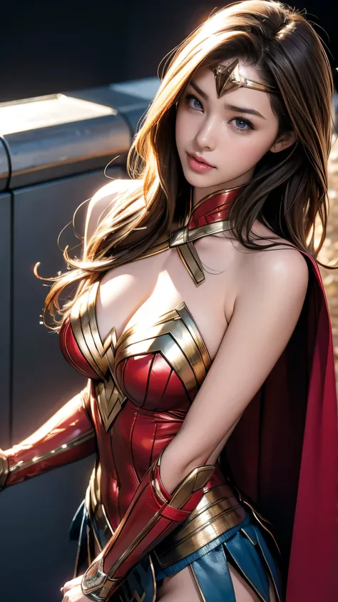 (Highest quality,4K,High resolution:1.2),Very detailed,(Realistic:1.37),Beautifully structured scenes,Dramatic lighting, Wonder Woman from a close-up shot in DC, Twisted space, twisted undead in the background,lens blur,Light Shaft, intricate and complex d...