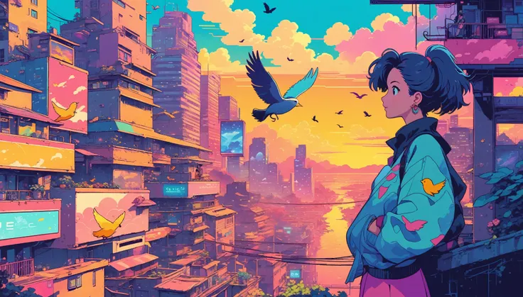 alone, lofi artstyle, lofi art, city, town, 80s anime style, Retro, Lo-Fi, masterpiece, best quality, (extremely detailed CG unity 8k wallpaper), (best quality), (best illustration), (best shadow), absurdres, realistic lighting, (Abyss), beautiful detailed...