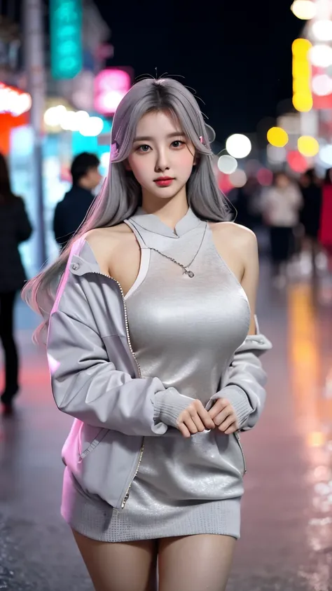 1 Girl, Beautiful, 20 Years Old, White Skin, Colossal Breasts, Sexy Pose, Anime Outfit Coatumes, ((Pastel Colour Outfit)), ((Grey Eyes)), Muscles, Bokeh, Chinese Street Background, Masterpiece, ((Night)), Shoulder Off