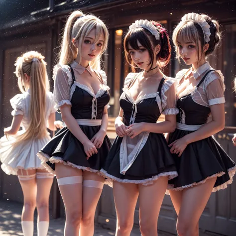 (Full Body of Extremely Detailed((Kawaii Maid Group in a row:1.37))), Cute perfect face, Reflective Eyes, Detailed(Delicate Clothing textures), Correct Leg Line, Dynamic Joyful Expressions LifeLike Rendering, Specular Reflection, TopQuality 8K Ultra-detail...