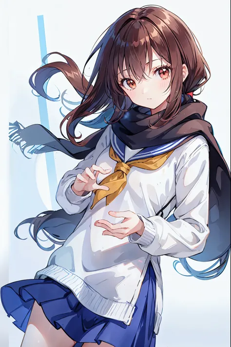 One person, high school girl, Long Hair, Brown Hair, Sailor suit, Brown eyes, scarf, White Background，Brown Hair，Shortcuts，Slender beauty