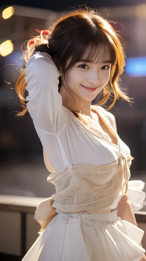 Masterpiece, Top Quality, Ultra High Resolution, Super Detail, Sharp Focus, One Girl, Alone, Amazingly Cute Japanese Model, Idol 15 Years Old, Viewers Point of View: 1.3, (Bright Smile: 0.6) Dimples When Smiling (Dimples), Wearing (Blouse), Evening, Sunset...