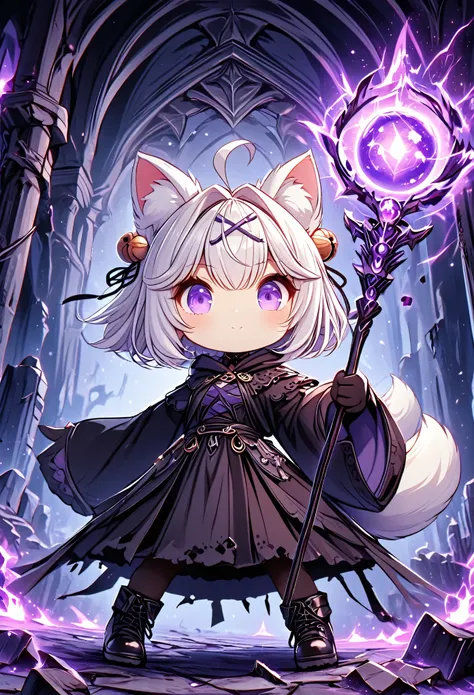 master piece, best quality, ultra-detailed, illustration, midnight, battlefield, gloomy atmosphere, broken castle, broken walls, ruins, purple flames, purple lightning,  1girl, solo, chibi, (big head), cute pose, front view, looking at viewer, ((full body ...
