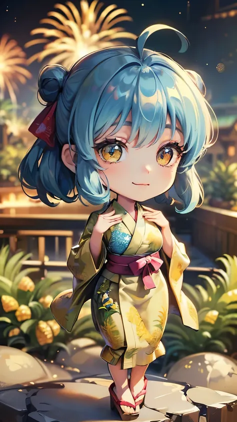 (Masterpiece、Fresh pineapple:1.5)、(8k、Ultra HD Photos、Highly detailed art gems:1.1)、(Chibi animation、One Chibi、masterpiece、Drawn with thick colored pencils:1.3)、(Chibi Body、超smile、Small face、Young face、Complete face parts、smile、Cute all over、Light blue hai...