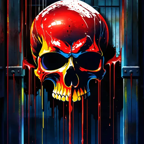 Digital art, skull bleeding in a dark industrial environment