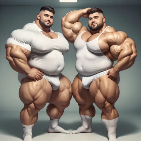 HQ photo, detailed faces, full body view, two shirtless beerbellied over-muscular bloated white european heavyweights males with undercut clean haircuts, lycra jumpsuits, in white pro sheer socks , overfed like obese gorets, over-muscular and fatly obese, ...