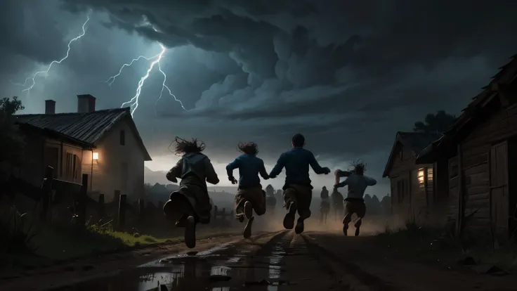 Panicked villagers are seen running away through narrow dirt roads and open fields, fleeing their homes in desperation. The sky is dark with swirling clouds, and ghostly spirits loom in the air as thunder rumbles. Some villagers glance back in fear, while ...