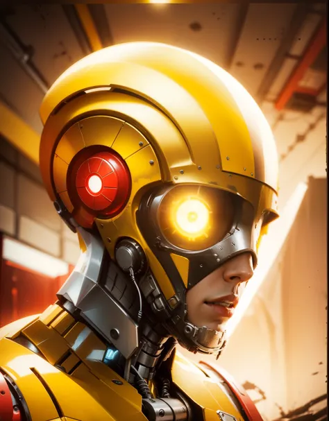 yellow, red, white, metal robot