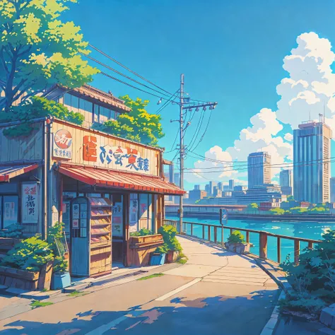 anime - style illustration of a restaurant on a waterfront with a river in the background, anime background art, anime style cityscape, detailed scenery —width 672, beautiful anime scenery, tokyo anime scene, anime scenery, anime scenery concept art, hd an...