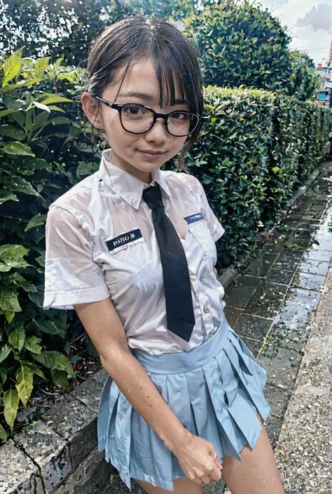 ((Highest quality)), ((masterpiece)), (detailed), 1人のcute少女,cute童顔,15 years old,Perfect Anatomy,Left and right target faces,Small hands,Long limbs,She wears round glasses without rims,Compact short hair,cute,she is wearing a white short-sleeved uniform shi...