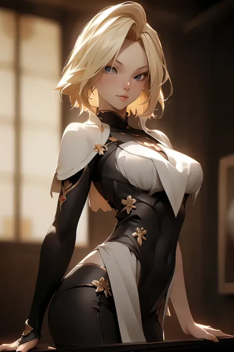 ((best quality)), ((Masterpiece)), (details:1.4), 3d, HDR (high dynamic range), amature woman, Blonde hair, Asymmetrical lob, Red eyes, hips up จมูกโด่ง, ปากแดง, หน้าอกใหญ่, nvidia RTX, PBR surface, After processing, Anisotropic filtration,depth of field, ...