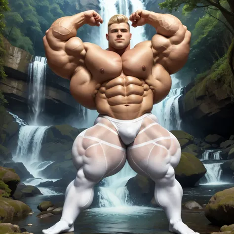 full body view, one white european male bodybuilder flexing his massive big bulbous over-inflated triple-biceps. Handsome with blonde undercut clean shaved haircut . extremely over-blated and over-inflated bodybuilded. One arm raised flexing incredibly ove...