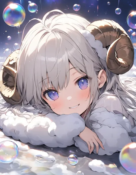 masterpiece、10 years old girl、White Hair、Long Hair、(sheep horn)、smile、(((lie down on a big soap bubble)))、((beautiful starry sky))、bubbles background