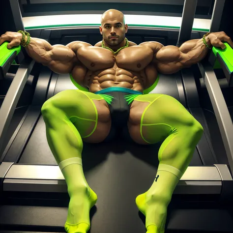 full view, full body, one handsome young artificially tanned white bald over-muscular man in neon-green nylon socks, shirtless wearing neon-green lycra leggings and neon-green torn sheer socks, no shoes, gold chains, bracelets, rings, totally sprawled out ...