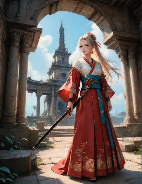 Girl 1, hkwarrior, holding a katana in her hand, Katana Emits Blue Light Sharp, beautiful figure, Samurai, Belt of Intertwined Ropes, light armor, There is an Oni mask hanging on the Belt, bright lilac eyes, long hair, hair of two colors (Red and Series), ...