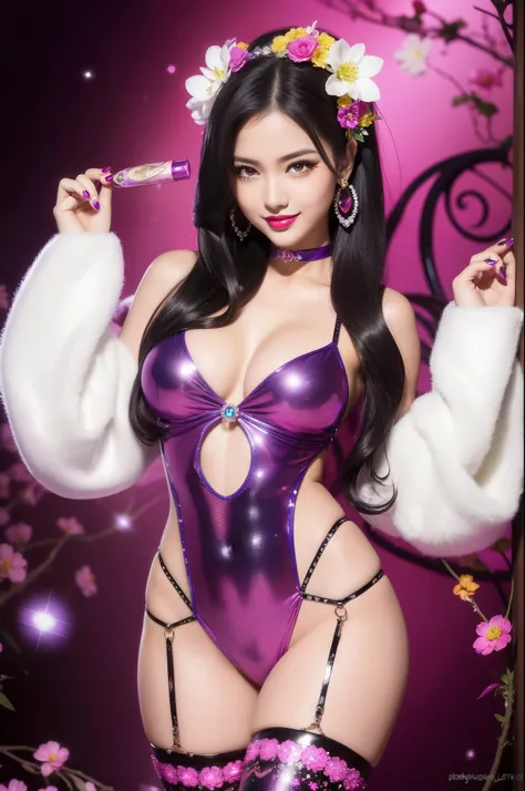 sexy Brazilian model who controls poison、beautiful smile、lipgloss、bold lipstick、intense makeup、look at the camera、full body Esbian、、sparkling poisoned flower costume、、、、sparkling Colorful hair、secrete poison、skull hair accessories、sexy tights、shiny sparkli...