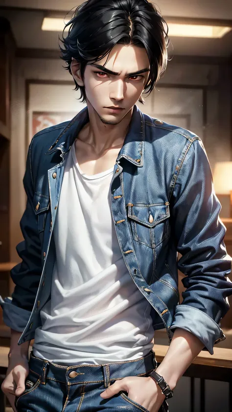 最high quality、Best image quality、masterpiece、male((18-year-old、slender、Stubble、Holding a gun、White shirt、Red eyes、Cool hairstyle、Black Hair、Fighting Pose、Black rider jacket、Blue denim trousers)）high quality、Beautiful art、background((rundown bar)),Tabletop、...