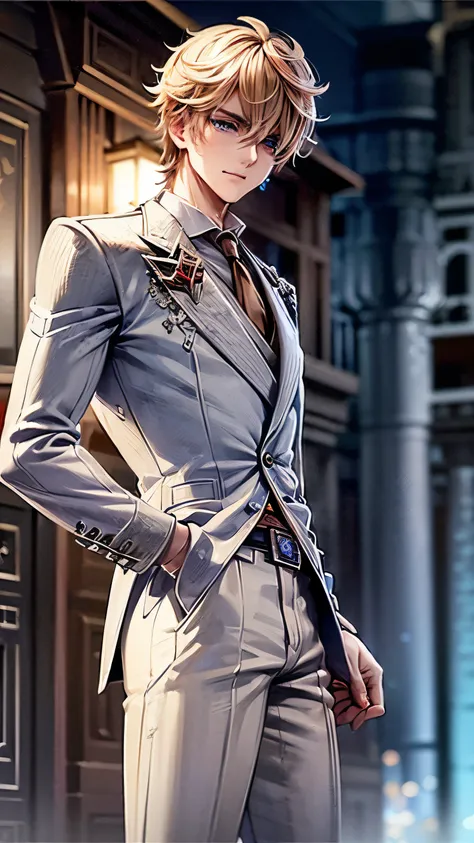 masterpiece, (blue eyes , white beige suit in the style of Chicago gangsters:1.5), 1 boy, temple in the background, frostpunk style, Gatsby style, serious face, white hat in hands