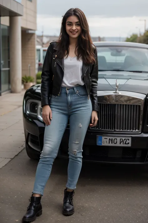 ((best quality)), ((masterpiece)), (detailed), 
 A 21 year old beautiful Indian girl with long hair smiling face beautiful eyes wearing a leather jacket and jeans pant with gumboot shoes standing with her own car rolls Royce 