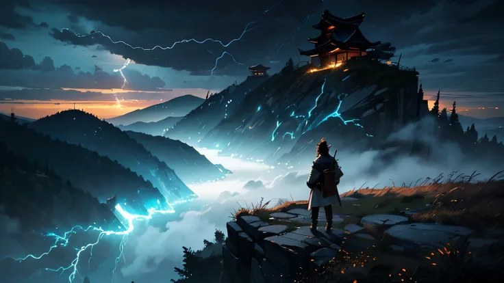 An intense and mystical scene set on a rocky cliff overlooking a valley, where Takeda Shingen is depicted with his hand pressed against the ground, as if sensing the vibrations of the earth. The sky above is dark and stormy, with flashes of lightning illum...