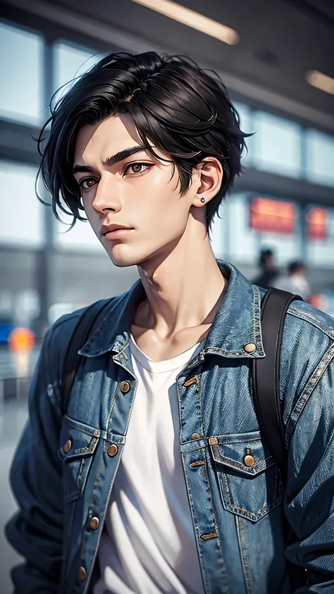 最high quality、Best image quality、masterpiece、male((18-year-old、slender、Stubble、Have a camera、White shirt、Red eyes、Cool hairstyle、Black Hair、Fighting Pose、Black rider jacket、Blue denim trousers、Black Rucksack)）high quality、Beautiful art、background((Inside t...