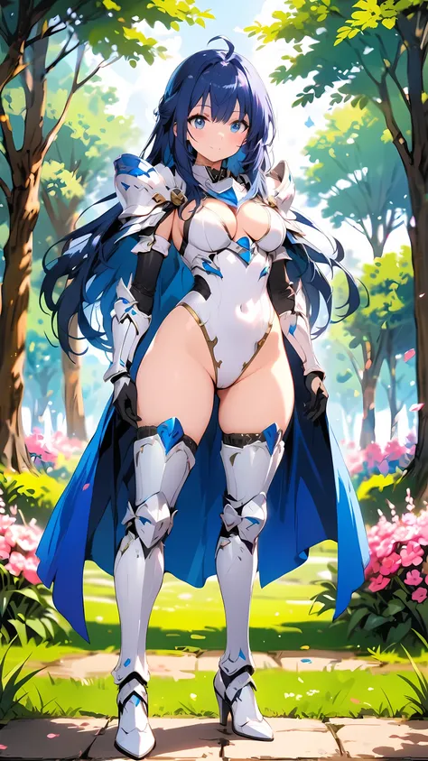 Masterpiece, Best Quality, 1girl, ahoge, armor, armored boots, bangs, black gloves, blue eyes, blue hair, boots, breasts, cape, cleavage, closed mouth, covered navel, day, elbow gloves, flower, full body, gauntlets, gloves, grass, greaves, high heel boots,...