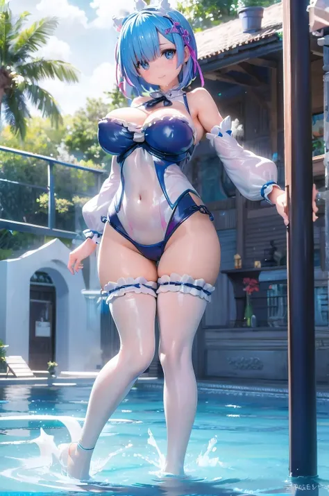 Super huge breasts、Plump thighs、(((Rem from Re:Zero)))、Swimsuit、looking at the camera、High qualityHigh quality、8ｋ、((A shy smile and a wink))、(((((Full body description)))))、Low angle camera、Chest、Palm tree、Splash、Transparent swimsuit in water、Fantastic、A t...