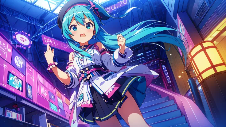 One girl only girl masterpiece、Superior image quality、超High resolution、Miku Hatsune、blue hairs、two-tailed、blush、mock、Open your mouth a little、casual clothes、casual miniskirt、Wearing a small beret、japanese amusement park