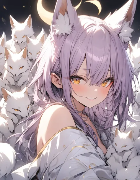 Masterpiece,purple Hair、Detail eyes、smile,(((fox ears)))、Gold eyes,wearing naked shoulder kimono,Upper Body, (((surrounded by many white foxes))), crescent moon background