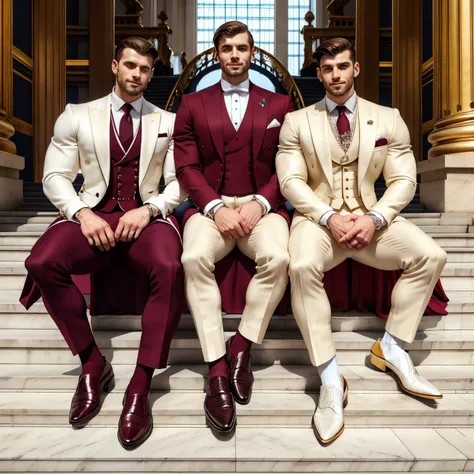 full view full body, three High end white european dapper guys with ugly big strong snouts, wearing the best hype finest dapper suits and finest elegant dress shoes and finest thinest burgundy dress socks, dapper jewelery and rings, sitting on big stairs, ...