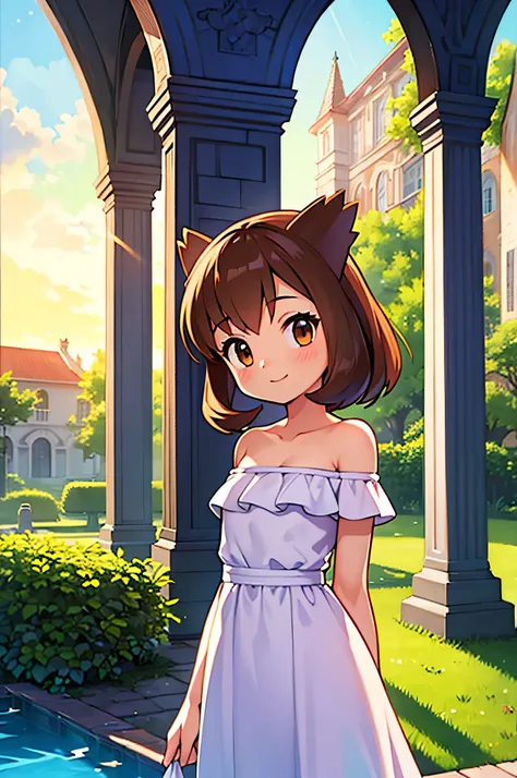 masterpiece, best quality, ultra-detailed, illustration, beautiful detailed eyes, very detailed illustration, cinematic lighting, 1 girl, solo, Pokemon Heroes (Bianca), Brown Hair, brown eyes, 1 girl, solo, bare shoulders, strapless, off shoulders, ruffle ...