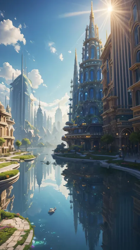 utopian world, brilliant gorgeous colors, thriving buildings, high-end apparel and architectural designs, solarpunk buildings, a...