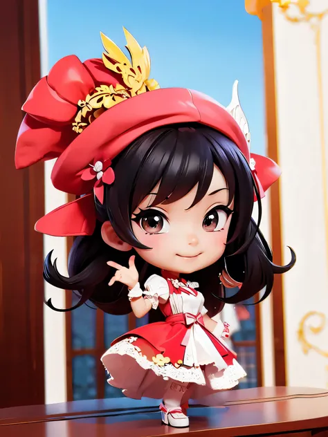Little, Little figure, On the beautiful balcony of the palace、A woman in an evening dress is standing。The balcony offers a beautiful view..、Her gorgeous outfit stands out。