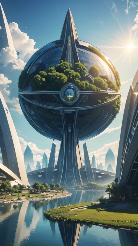 utopian world, brilliant gorgeous colors, thriving buildings, high-end apparel and architectural designs, solarpunk buildings, a...